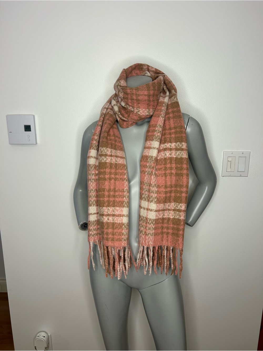 Plaid Fringe Wrap Scarf in Coral and Cream